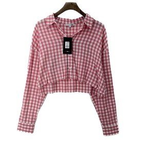 FASHION NOVA Baby Girl Plaid Pink Frayed Shirt Size S NWT